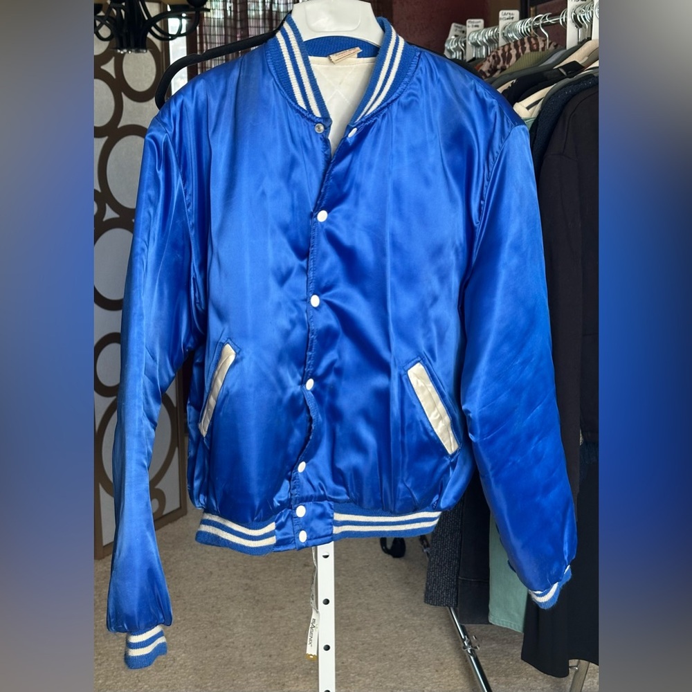 Vintage Satin Varsity Bomber Jacket Blue USA 80s Graphic Large
